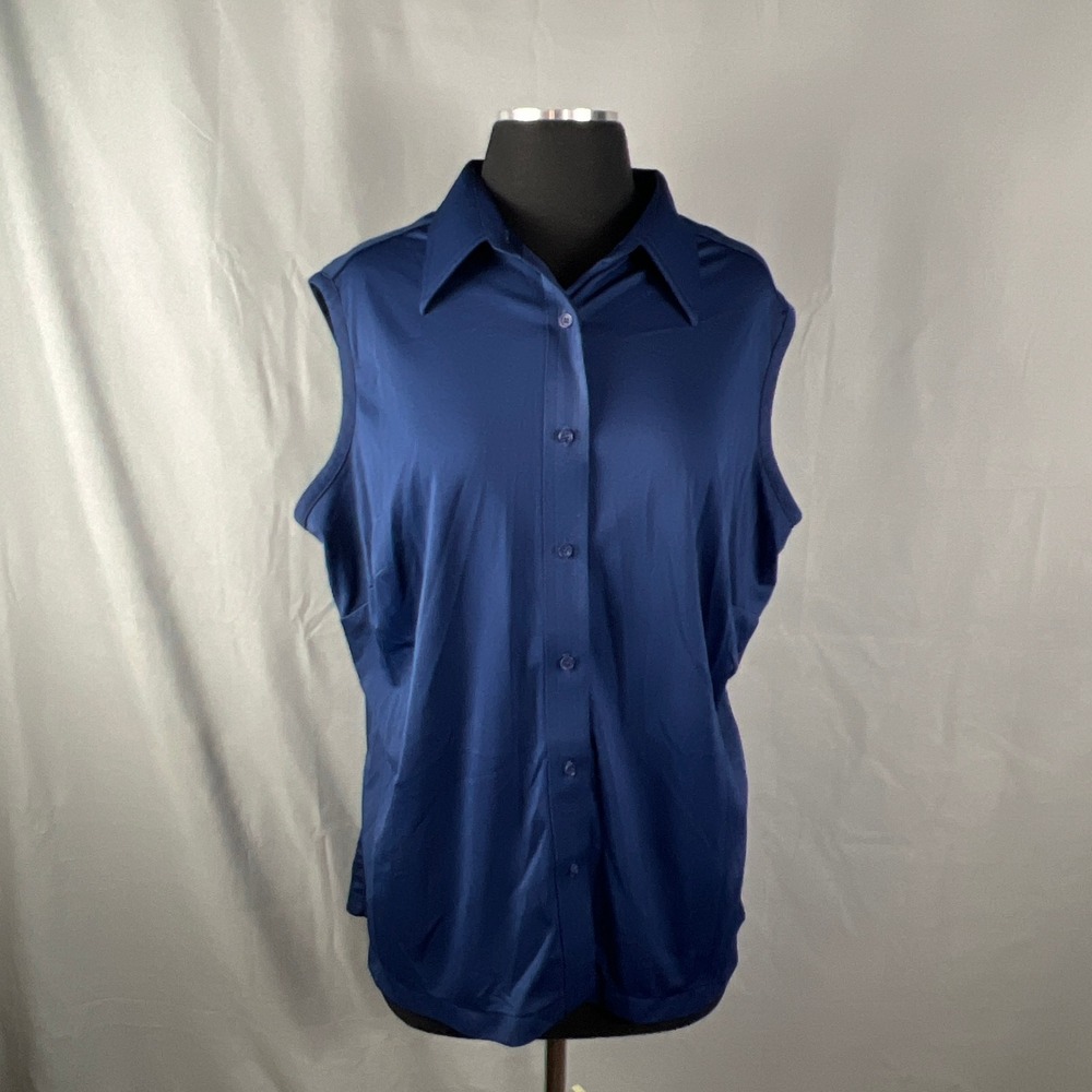 Vintage Sears Perma Prest Shirt Womens 42 Navy Sleeveless Button Front Collared